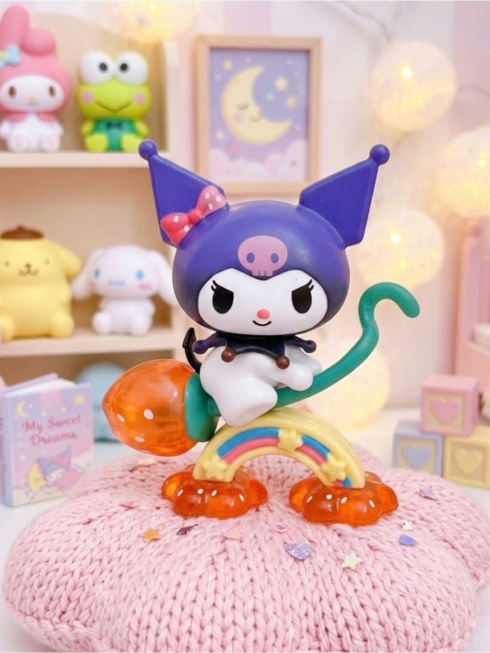 Sanrio Kuromi 💜Purple Figure with Teal Tail and Orange Strawberry Rainbow 🌈 Base